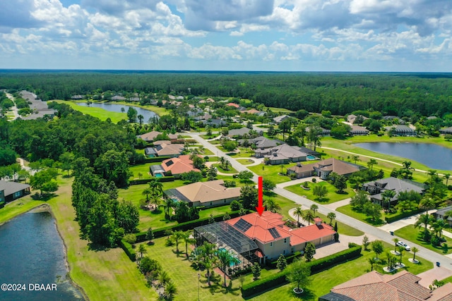 aerial view featuring a water view