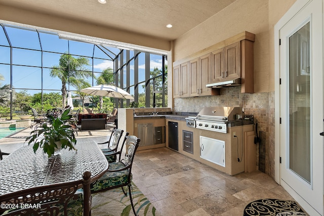 view of patio with a pool, a grill, glass enclosure, and sink