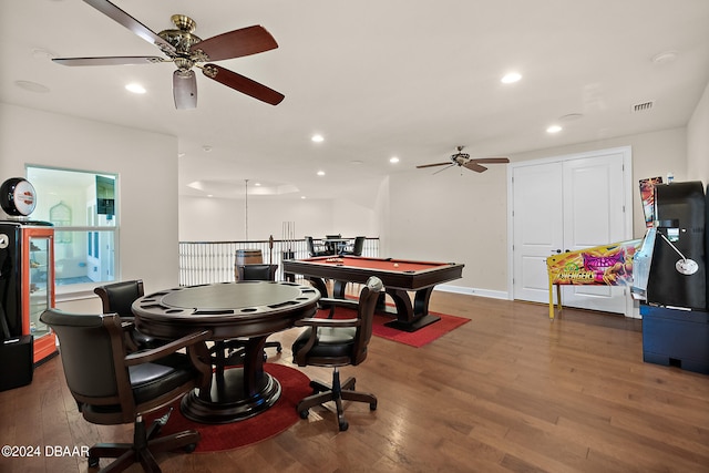 rec room with dark wood-type flooring, ceiling fan, and billiards