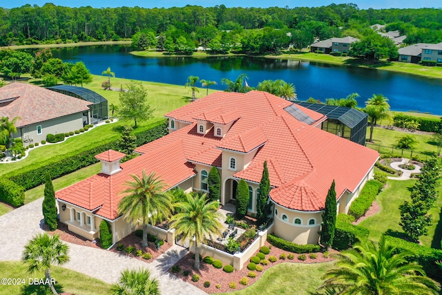 aerial view featuring a water view