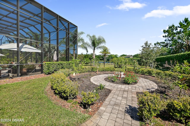 view of yard featuring a lanai and a patio area