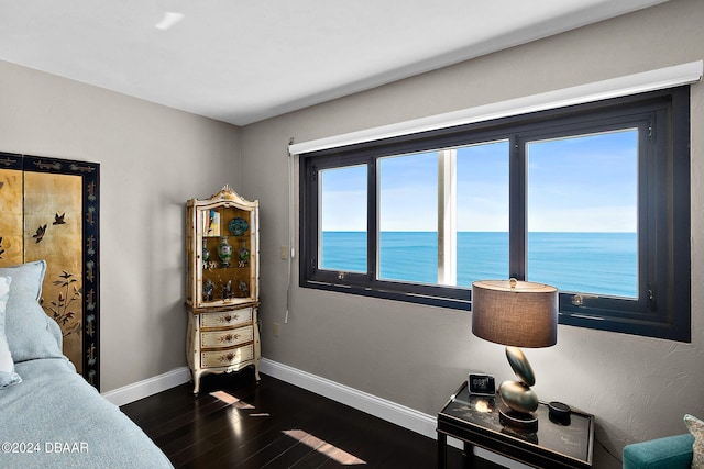 bedroom with dark hardwood / wood-style flooring and a water view