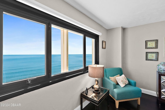 living area with wood-type flooring and a water view