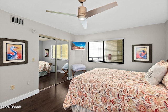 bedroom featuring multiple windows, dark wood-type flooring, ceiling fan, and a closet