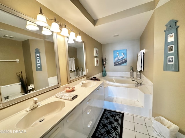 full bath featuring tile patterned floors, a bath, and double vanity