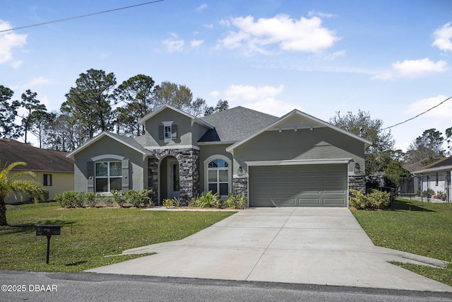 view of front of house with an attached garage, driveway, stone siding, stucco siding, and a front lawn