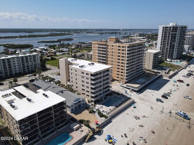 aerial view featuring a water view and a city view