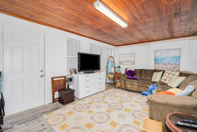 living room with light wood-type flooring and wood ceiling