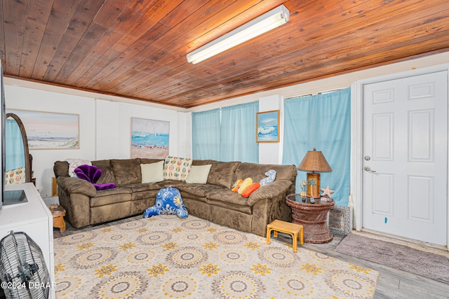 living room with wood ceiling and light hardwood / wood-style flooring