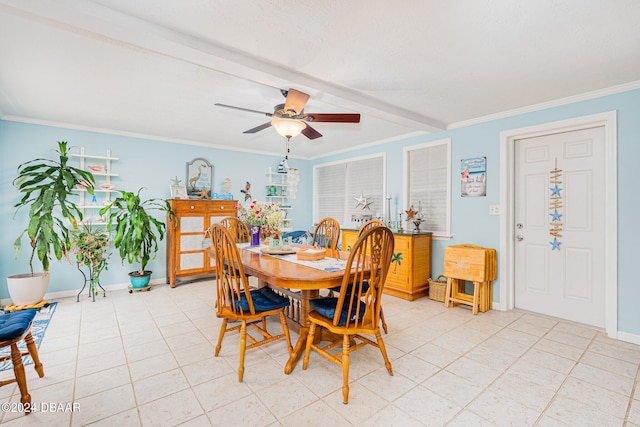 dining area featuring ceiling fan, beamed ceiling, and ornamental molding