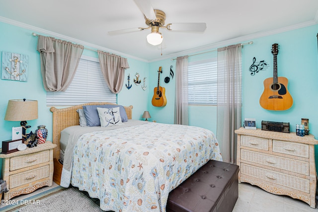 bedroom with ceiling fan, crown molding, and light tile patterned floors