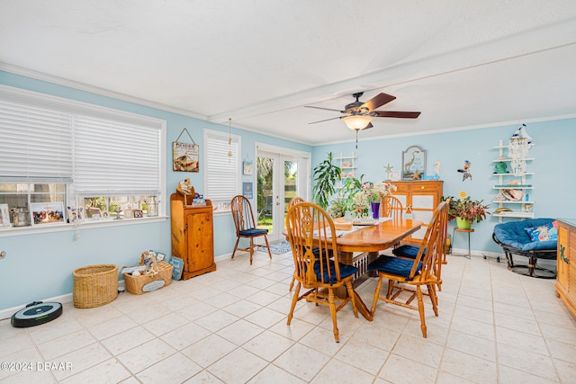 dining space featuring light tile patterned flooring, ceiling fan, french doors, and ornamental molding