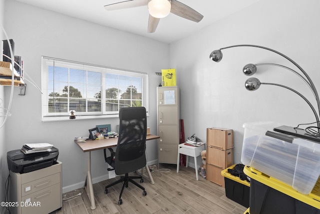 home office featuring ceiling fan and light hardwood / wood-style flooring