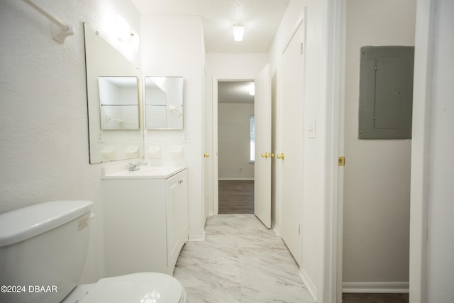 bathroom featuring electric panel, vanity, and toilet