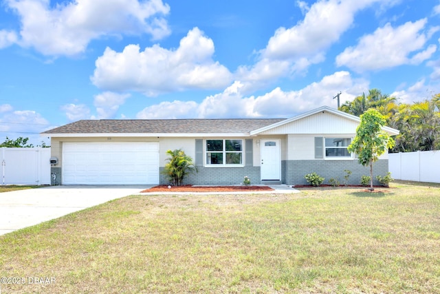 ranch-style home with brick siding, an attached garage, and driveway