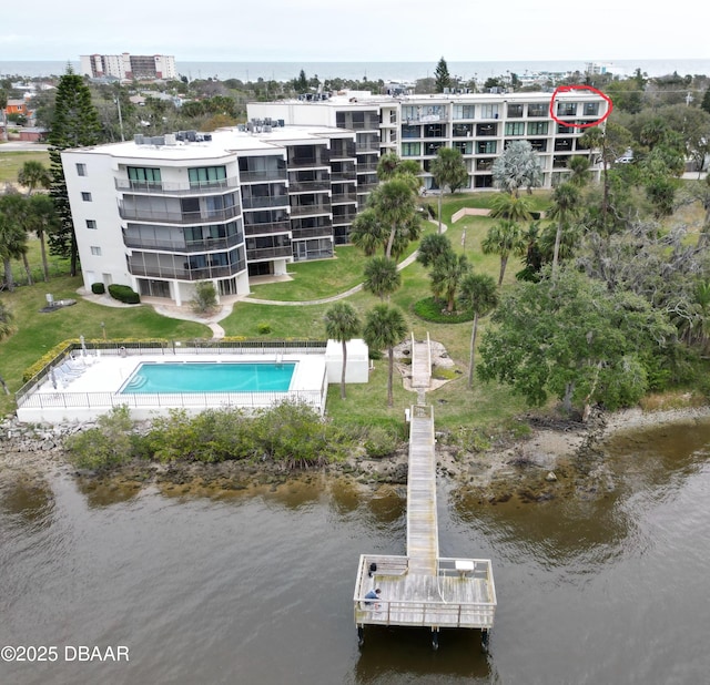 exterior space with a water view