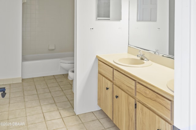 bathroom with toilet, a sink, shower / washtub combination, tile patterned floors, and double vanity