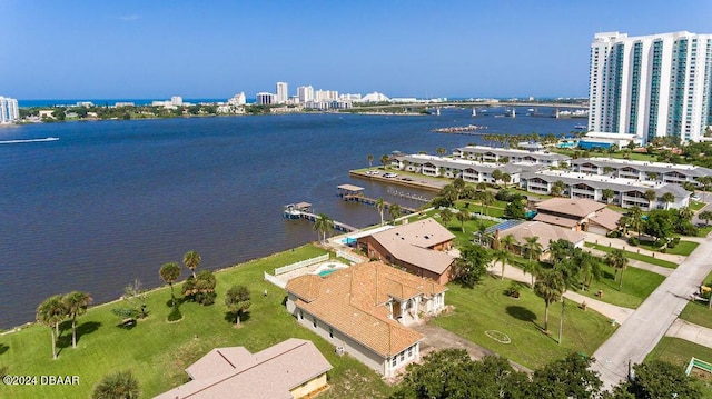 drone / aerial view featuring a water view