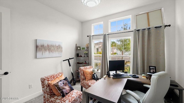 carpeted office space with vaulted ceiling and a textured ceiling