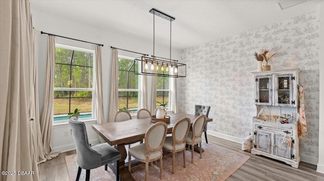 dining space with an inviting chandelier and hardwood / wood-style flooring