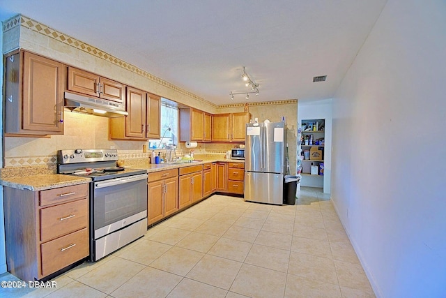 kitchen featuring brown cabinets, appliances with stainless steel finishes, a sink, and under cabinet range hood