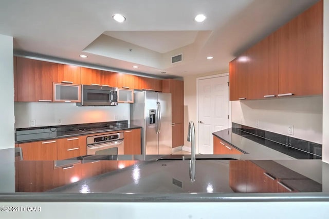 kitchen featuring a tray ceiling, kitchen peninsula, sink, and stainless steel appliances