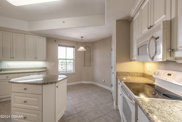 kitchen featuring light tile patterned flooring, decorative light fixtures, white cabinets, white appliances, and a center island