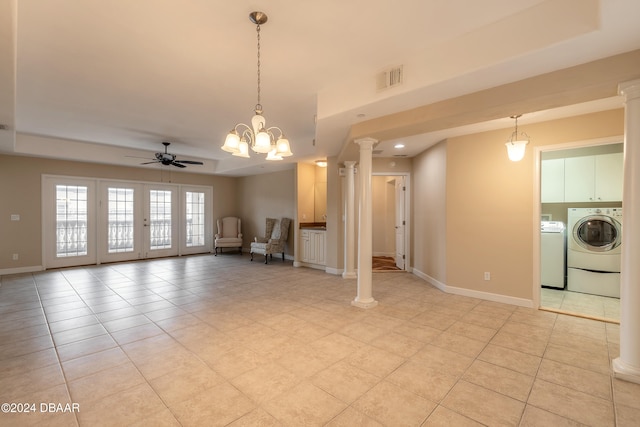 interior space featuring ornate columns, french doors, ceiling fan, and light tile patterned floors