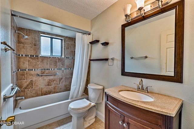 full bathroom featuring shower / bathtub combination with curtain, toilet, vanity, a textured ceiling, and tile patterned floors