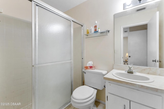 full bath featuring vanity, toilet, visible vents, and a stall shower