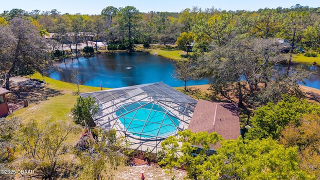 aerial view featuring a water view