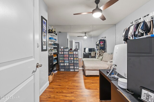 office area featuring hardwood / wood-style flooring and ceiling fan