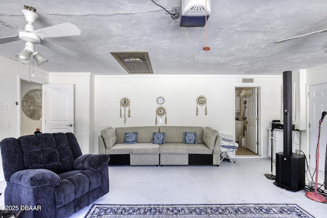 1970 Red Cedar Cir S, Daytona, FL 32119 - living room with finished concrete floors, ceiling fan, and visible vents