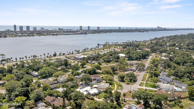 drone / aerial view with a water view