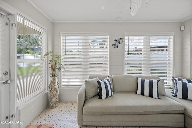 living room with crown molding