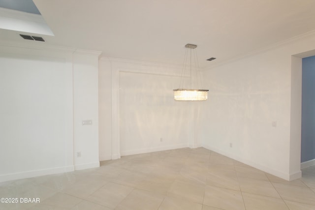 tiled empty room featuring ornamental molding