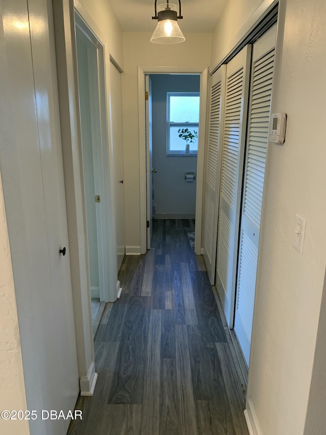 hallway with dark wood-type flooring