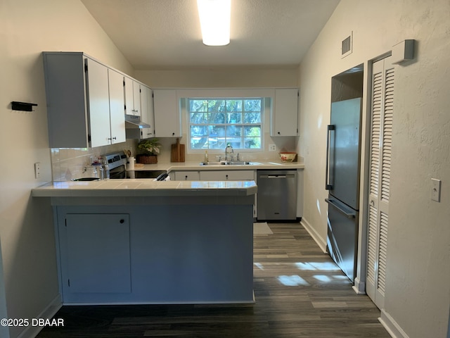 kitchen featuring vaulted ceiling, appliances with stainless steel finishes, sink, and backsplash