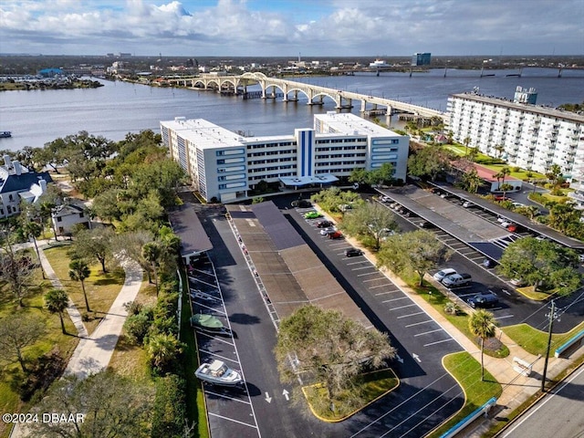 drone / aerial view with a water view