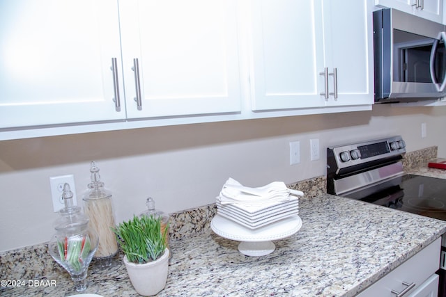 details featuring white cabinetry, stainless steel appliances, and light stone countertops