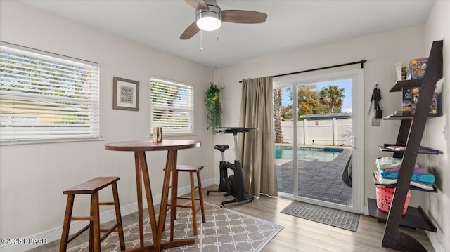 interior space with a ceiling fan, plenty of natural light, wood finished floors, and baseboards