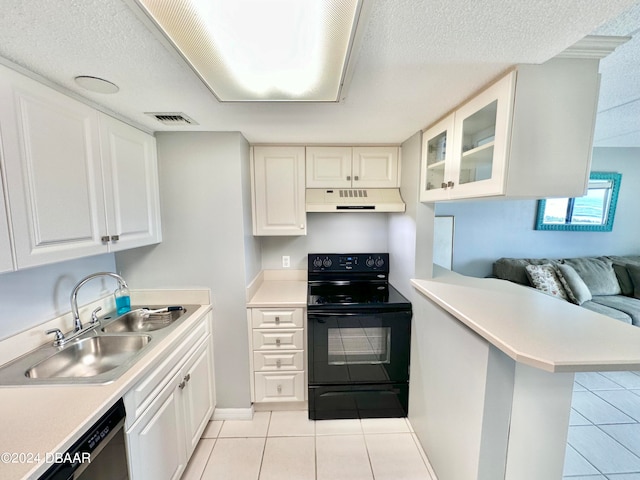 kitchen featuring white cabinetry, sink, kitchen peninsula, light tile patterned floors, and black / electric stove