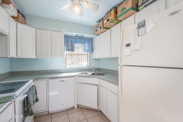 kitchen with white appliances, white cabinets, sink, ceiling fan, and light tile patterned flooring