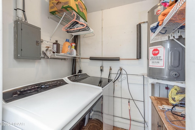 laundry room featuring electric water heater, electric panel, and washing machine and clothes dryer