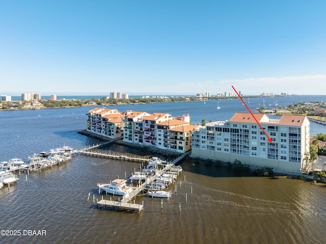 bird's eye view with a water view