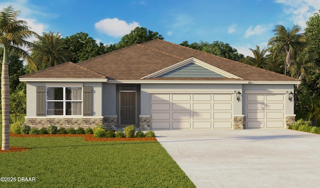 4250 Acoma Dr, Ormond Beach, FL 32174 - view of front of property featuring stone siding, stucco siding, an attached garage, concrete driveway, and a front lawn