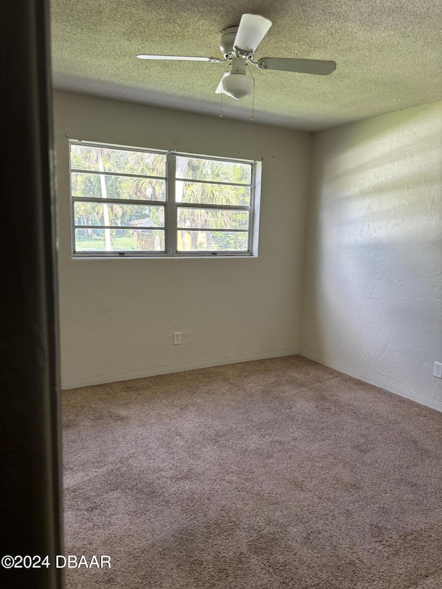 empty room featuring ceiling fan, plenty of natural light, a textured ceiling, and carpet floors