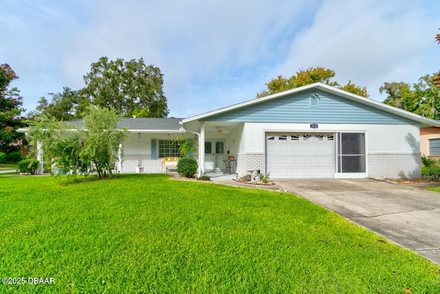 3630 Scott St, Port Orange, FL 32129 - ranch-style home featuring brick siding, concrete driveway, an attached garage, and a front yard