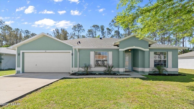 ranch-style home featuring a shingled roof, a front lawn, concrete driveway, stucco siding, and a garage