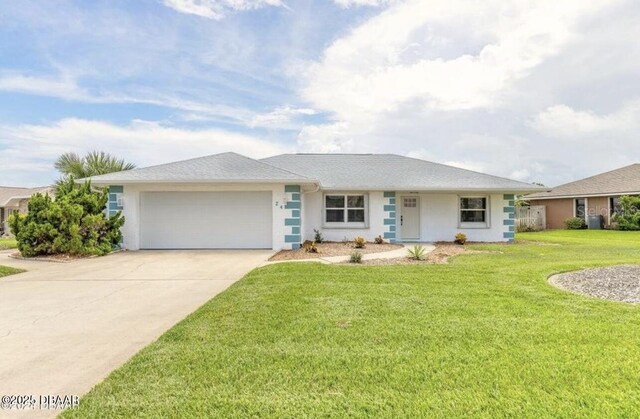 ranch-style house with a garage and a front yard